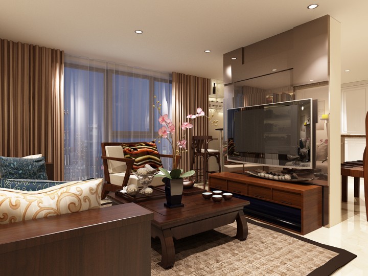 新中式风格，沉稳的色调打造富有韵味的住宅氛围。